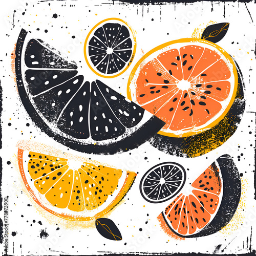 Grunge style illustration of various citrus fruit slices with splatter texture.