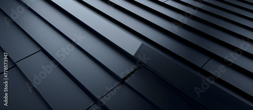 Abstract background with black lines and geometric shapes, dark blue gradient, modern minimalist style, sharp edges, light reflection on the surface of the metal strips