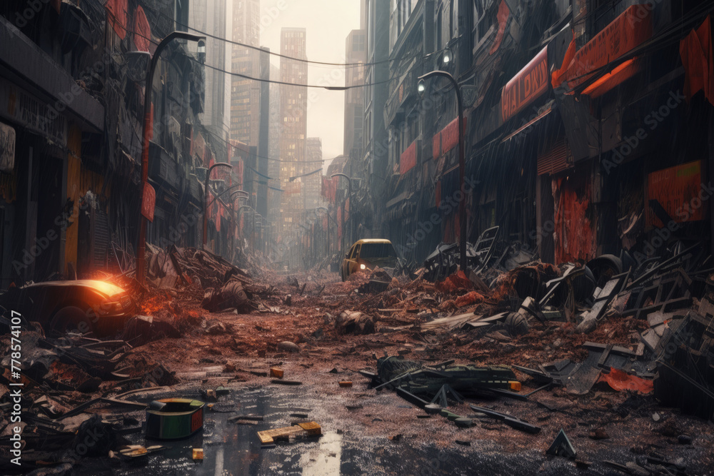 Desolate Cityscape in Dystopian Future, Ruins and Abandoned Debris