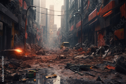 Desolate Cityscape in Dystopian Future, Ruins and Abandoned Debris