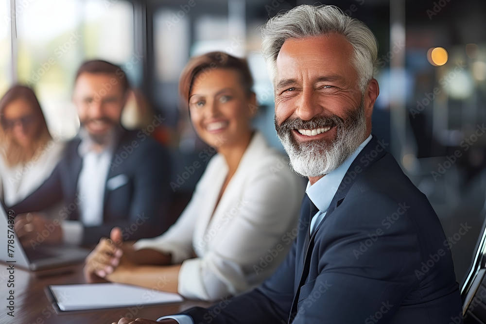 Group of professional businesspeople smiling in a meeting