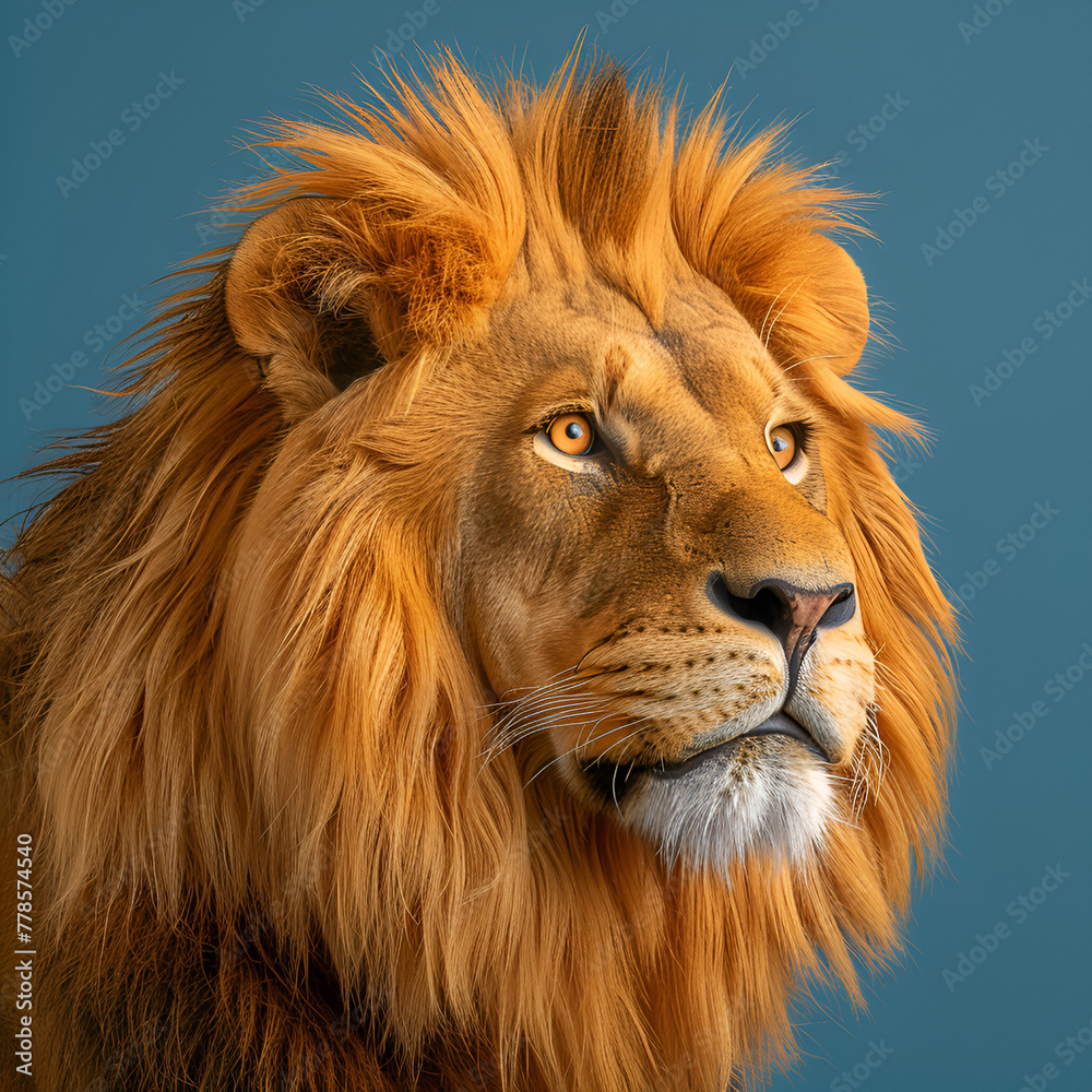 A highly detailed portrait of a majestic lion with a vibrant mane, set against a blue background.
