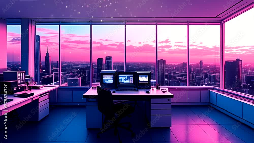 Lofi chill vibes room interior with computer at sunset. seamless looping 4k time-lapse animation video background Lofi chill vibes room interior with computer at sunset. seamless looping 4k time-lapse animation video background