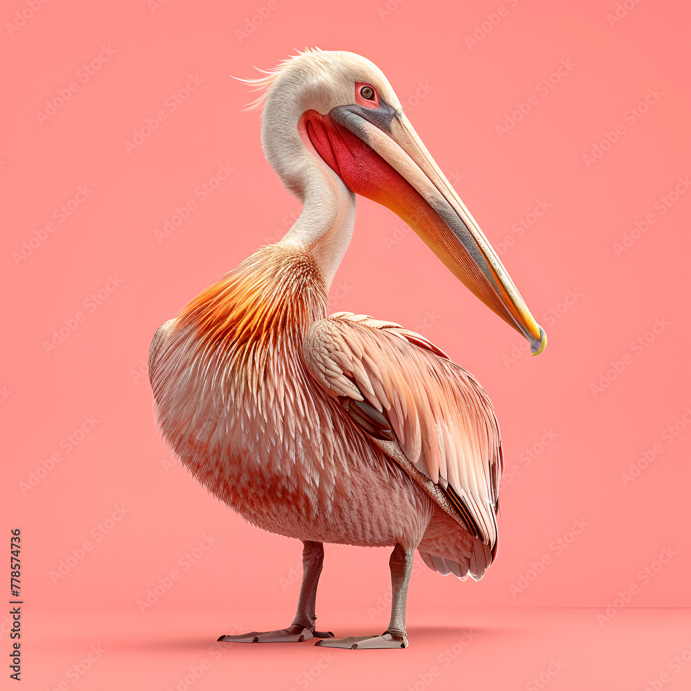 A detailed illustration of a pink pelican against a coral background. A detailed illustration of a pink pelican against a coral background.