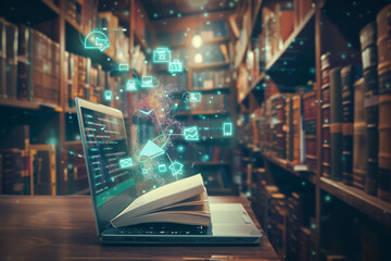 An open laptop with floating books and educational icons, representing online learning or distance education on the screen, surrounded by stacks of bookshelves. The background is a dark wood texture. 