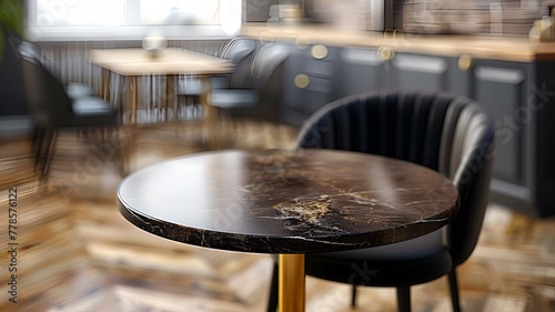 An elegant and modern restaurant interior focusing on a stylish table with a glossy finish and luxurious black chair.