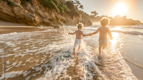Two children running on a beach at sunset, with waves splashing around their feet.