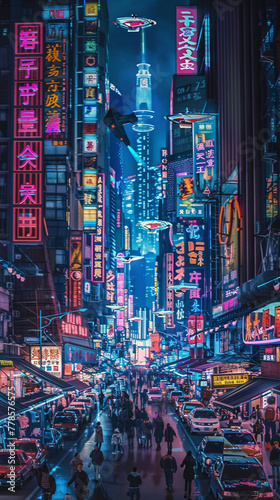 A panoramic view of a futuristic city at night