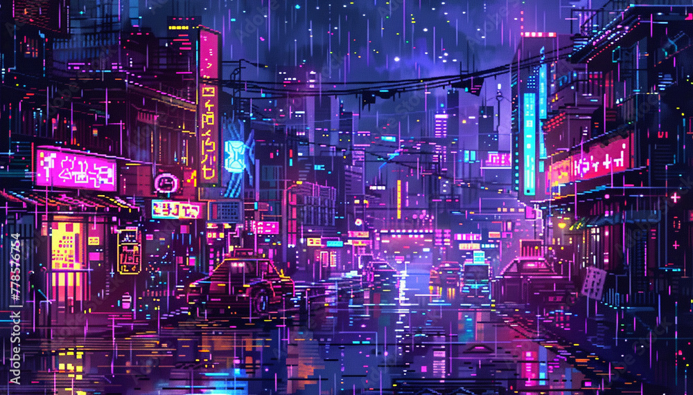 an axonometric lofi scene of cyberpunk city pixel art in dark and neon colors 