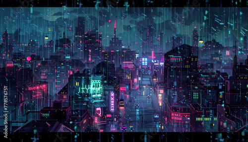 an axonometric lofi scene of cyberpunk city
