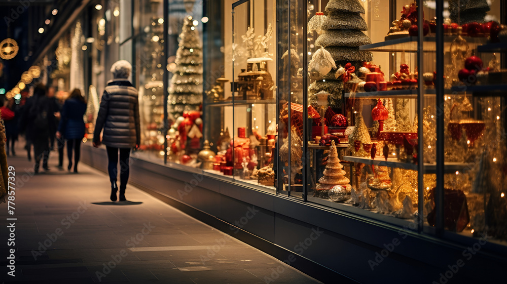 A person walking past a festive holiday window display with Christmas trees and decorations.