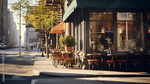 A cozy street scene with a café, outdoor seating and a warm, inviting ambiance in the early morning light.