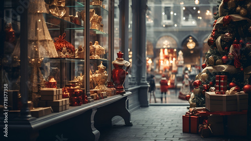 A festive Christmas window display with decorations, gifts, and a Santa figure.