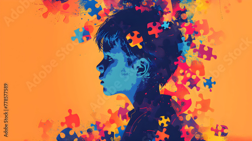 Banner design for autism awareness day featuring a child's profile against a solid color background surrounded by colorful puzzle pieces.
