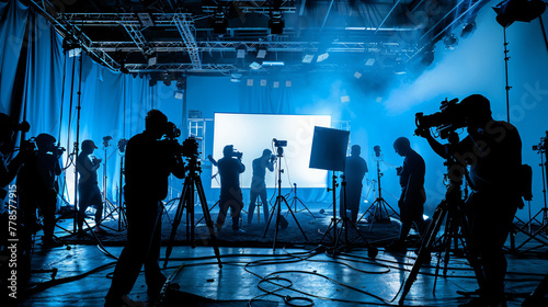 commercial video film movie making lighting set professional studio production big working people silhouette scenes behind television camera motion picture equipment crew photo light 