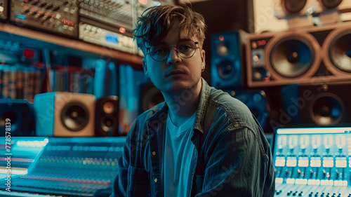 A young man with glasses in a music studio surrounded by audio equipment.