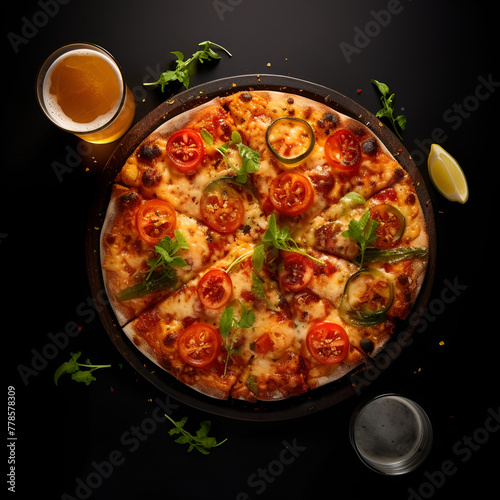Top view of a delicious pizza with a glass of beer on a dark background.