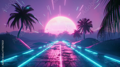 synthwave, cyberpunk, a neon grid road leading to a big futuristic neon city with neon lights