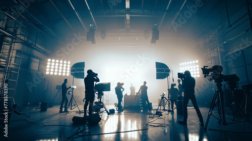 commercial video film movie making lighting set professional studio production big working people silhouette scenes behind television camera motion picture equipment crew photo light  photo
