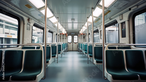 Empty interior of a modern train carriage with green seats and white walls.