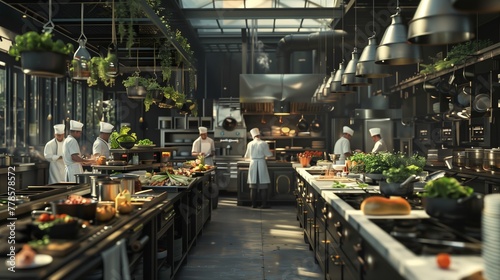 Famous Chef Works in a Big Restaurant Kitchen with His Help. Kitchen is Full of Food, Vegetables and Boiling Dishes.