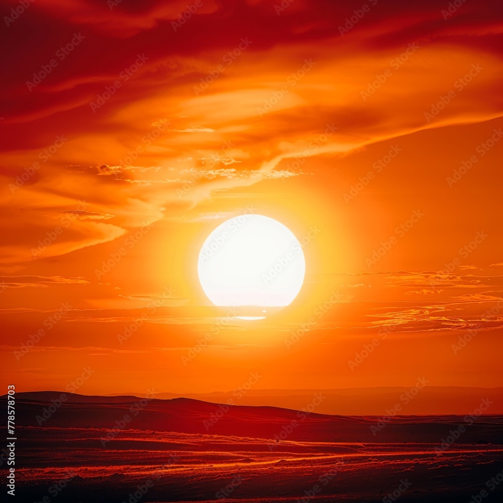 Closeup of burning sun over desert horizon, intense orange hues, sharp focus, editorial grade