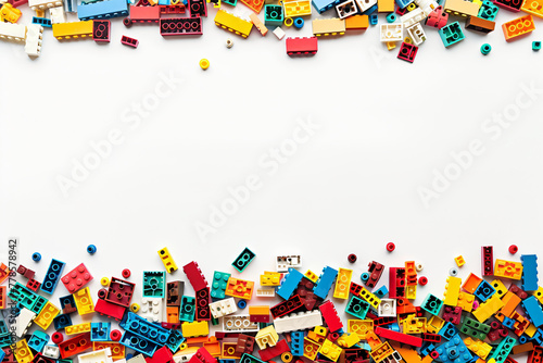 White background, white space in the center of picture. A pile of colorful Lego blocks scattered all over the place. The lego bricks of different shapes and sizes to show diversity. 