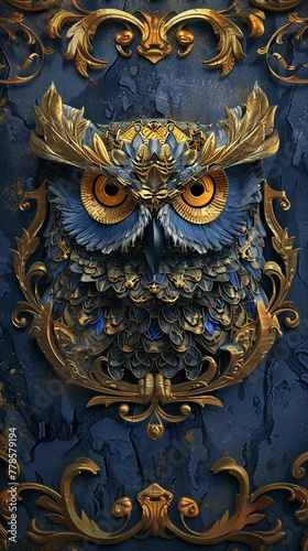 National symbol owl  shield background  gold and blue  detailed  eye level angle