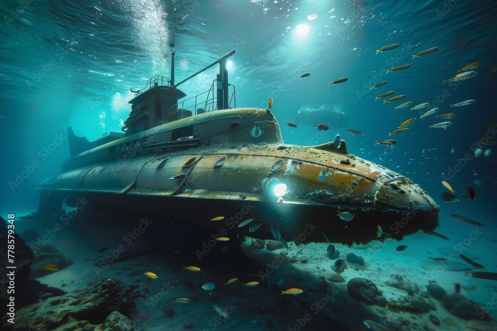 Submarine in sea reef with surrounding fish underwater. Submarine in sea reef with surrounding fish underwater.