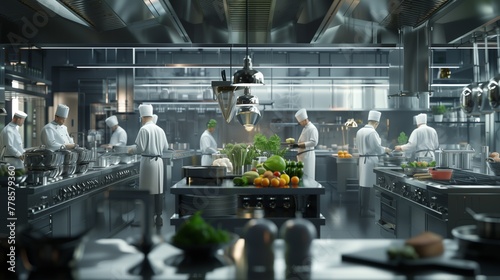 Famous Chef Works in a Big Restaurant Kitchen with His Help. Kitchen is Full of Food, Vegetables and Boiling Dishes.