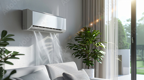 3D rendering of an air conditioner on a white wall in a living room interior with a sofa and potted plant near a window. An Air Smith movable AC unit for home comfort. 