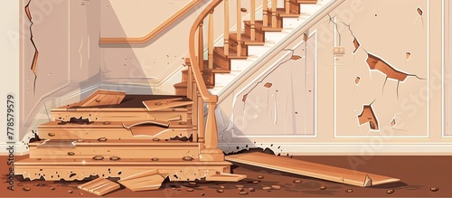 The hardwood staircase in the house is damaged and needs repair. The wood flooring planks may need replacement or refinishing with wood stain photo