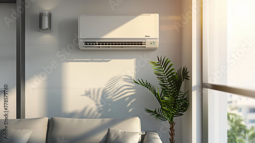 3D rendering of an air conditioner on a white wall in a living room interior with a sofa and potted plant near a window. An Air Smith movable AC unit for home comfort.  photo