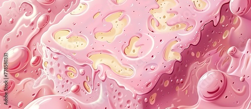 A closeup of a pink ice cream with violet bubbles on it, creating a fun pattern of circles. The liquid texture enhances the magenta hue, making it stand out on the sleeve