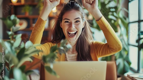 happy caucasian woman celebrating success in job test admission lottery winning