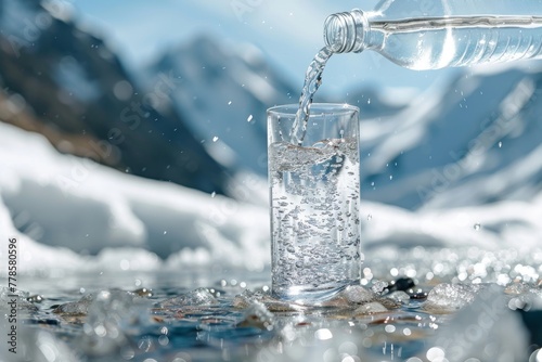 Water from bottle poured into glass against snow and mountains
