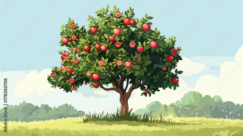 Green apple tree full of red apples 2d flat cartoon