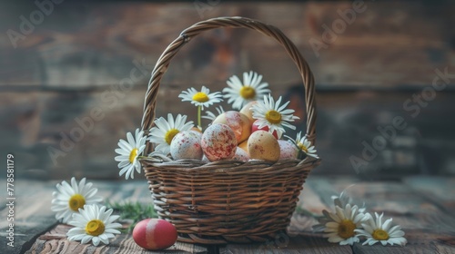 A basket filled with multicolored eggs resting on a wooden table