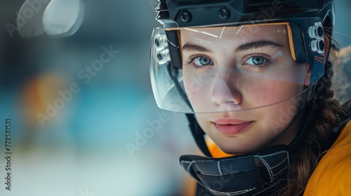 Portrait of a focused young woman wearing ice hockey gear and helmet with a visor © Adriana