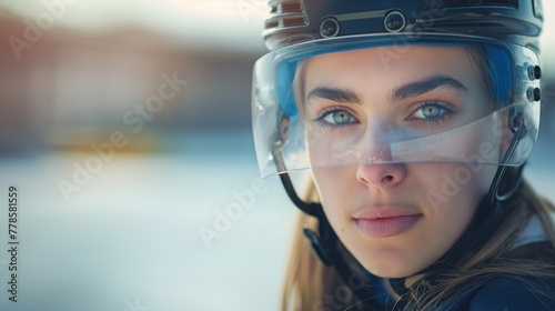 Portrait of a focused young woman wearing ice hockey gear and helmet with a visor photo