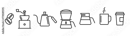 Coffee gadgets icon set. Coffee mill, dripper, kettle, cup, etc.