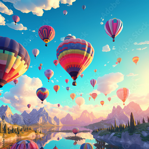 A colorful hot air balloon festival against a clear sky