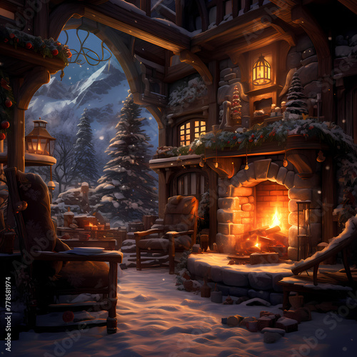 A cozy winter scene with a crackling fireplace. 