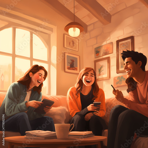 A group of friends laughing together in a cozy living room