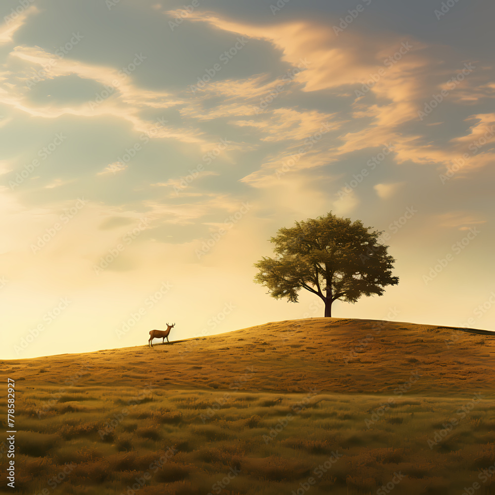 A peaceful meadow with a solitary tree and grazing deer
