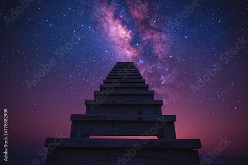 A ladder ascends through a starry sky, its rungs marking personal growth and leadership steps in a minimalist visual. photo