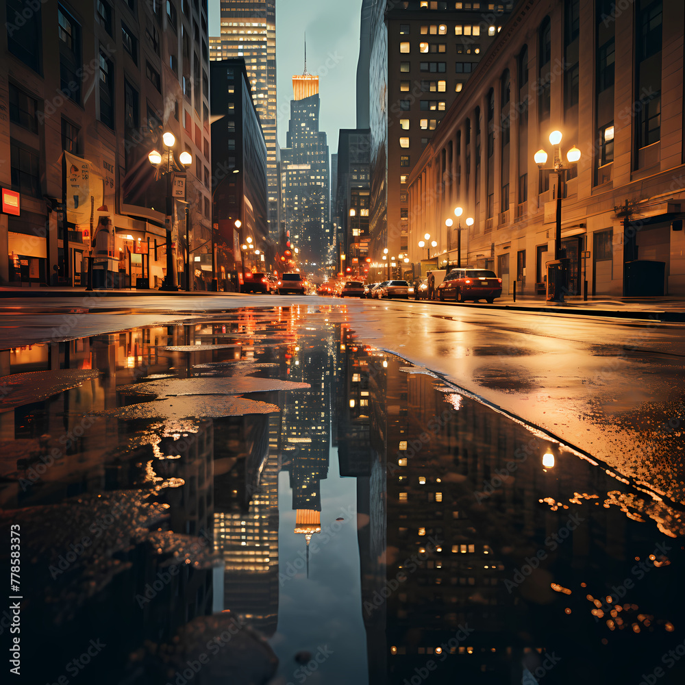A reflection of city lights on a rain-soaked street