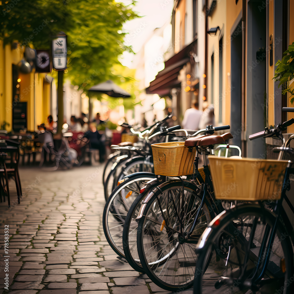 A row of bicycles parked in front of a cafe.