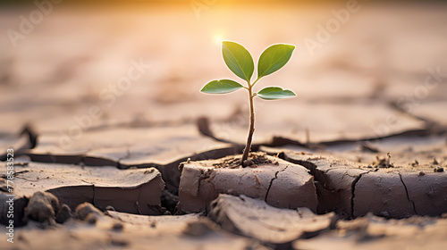 Dry cracked earth background and growing green plants save the planet from global warming