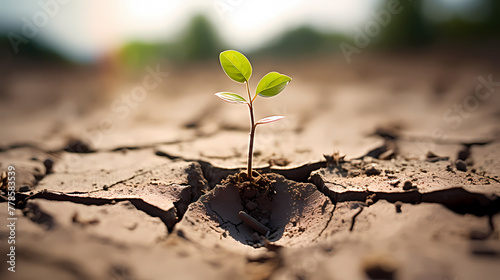 Dry cracked earth background and growing green plants save the planet from global warming